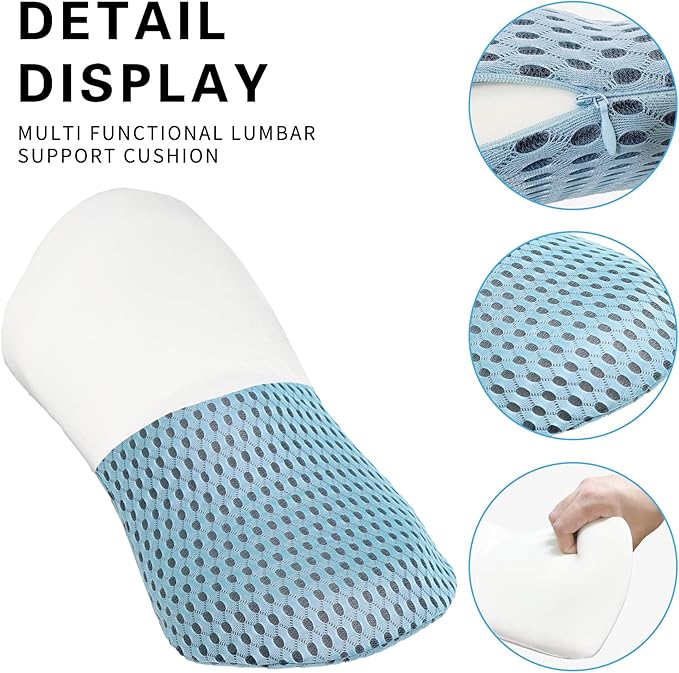 Ergonomic Memory Foam Lumbar Pillow–Back Support Cushion for Sleeping,Office Chairs,Beds,and Cars–Removable & Breathable Cover (Blue)