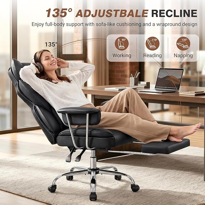 ALLGOD Big and Tall Ergonomic Office Chair with Footrest, High Back Executive Leather Office Chair, Reclining Computer Desk Chair, Comfy Heavy Duty Home Gaming Chair with Padded Arm, Black-2 Pack