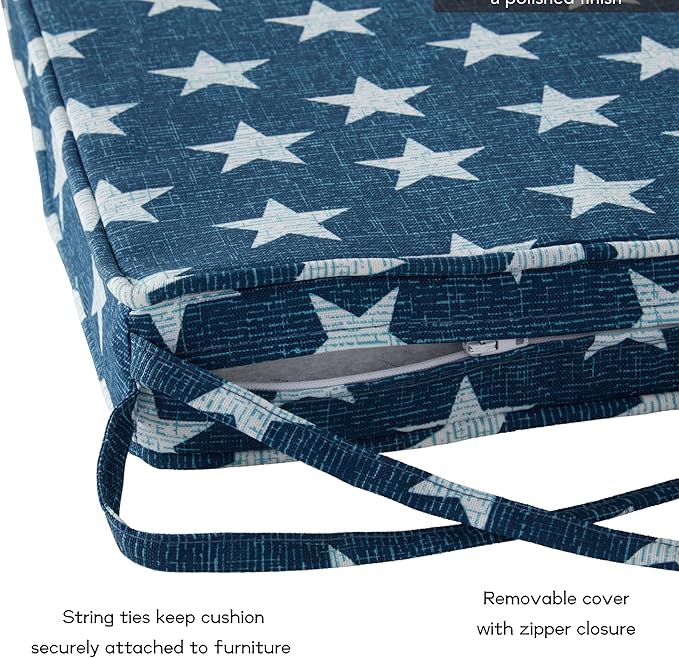 Outdoor 18 inch Square Patio Dining Chair Pads – Comfortable Fiber-Filled Seat Cushions with Ties, Reversible Polyester Fabric - Stars, Set of 2