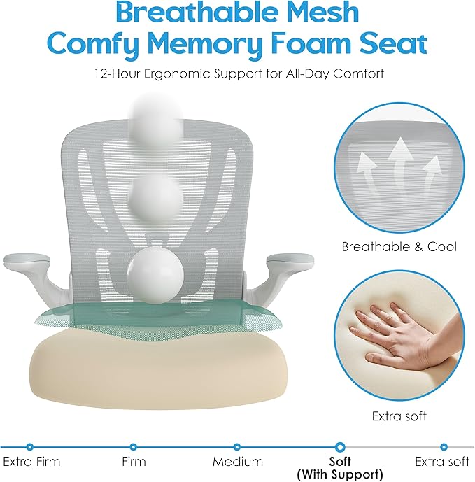 Office Chair Ergonomic Desk Chair - Mesh Computer Chair Breathable Task Chair with Wheels Adjustable Lumbar Support Home Desk Office Chairs Flip up Armrest White 2 Pack