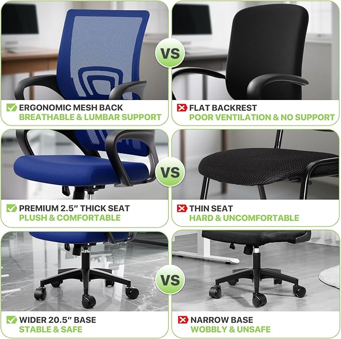 Magshion Ergonomic Office Chair 10 Pack, Mid-Back Mesh Desk Chair, Adjustable Swivel Computer Chair with Lumbar Support & Breathable Backrest for Gaming, Work, Study, 300 Lbs Capacity, Navy Blue