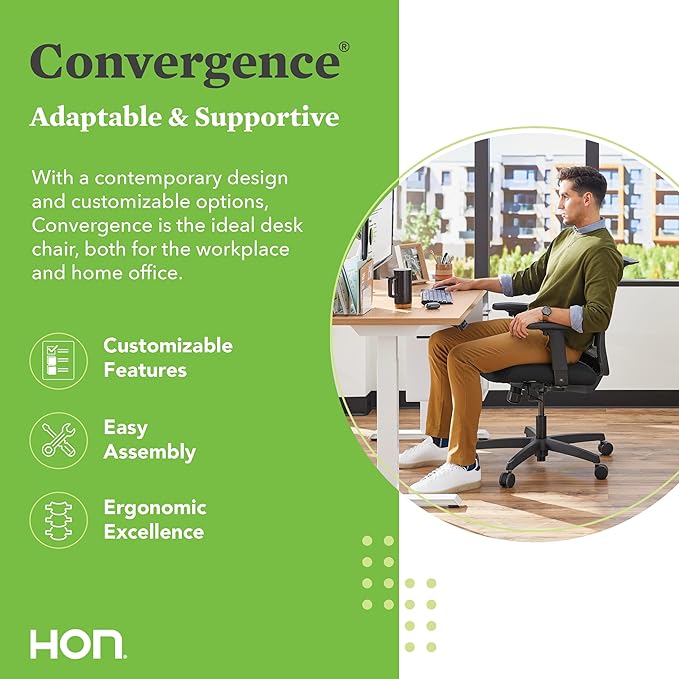 HON Convergence Ergonomic Office Chair with Mesh Back, Adjustable Arms, Lumbar Support, Synchro‑Tilt Desk Chair with Wheels for Home Office or Computer Use, Black Frame, Indigo