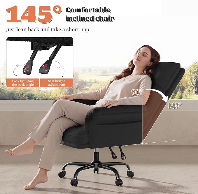 DurayLoly Criss Cross Chair with Wheels and Arms,Teddy Plush Vanity Chair with Side Pockets， Adjustable Home Office Desk Chairs，Computer Chair for Home, Makeup and Office Use,Black