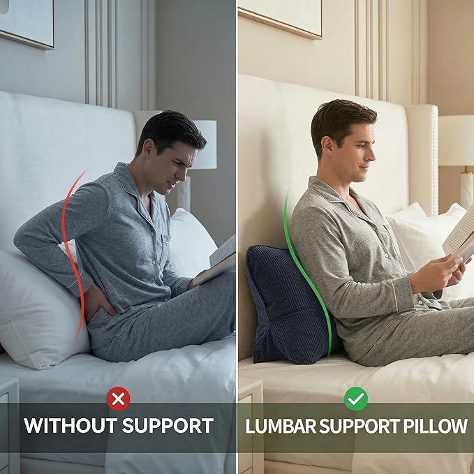 Pat. Pend. Corduroy Wedge Back Support Pillow with Lumbar Support, Back Cushion for Sofa or Bed Sitting, Back Pillow for Reading & Relaxing, Navy Blue