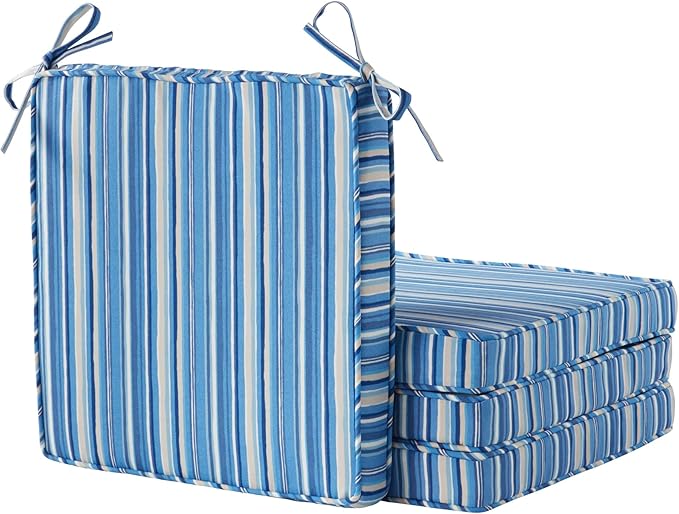 Outdoor 18 inch Square Patio Dining Chair Pads – Comfortable Fiber-Filled Seat Cushions with Ties, Reversible Polyester Fabric - Sapphire Stripe, Set of 4