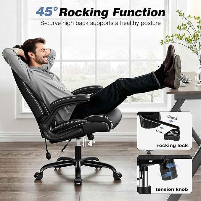 BESTFAIR Ergonomic Office Chair - Desk Computer Chair, Leather High Back Executive Chairs with Adjustable Lumbar Support & Flip Up Arms, Black 6 Pack