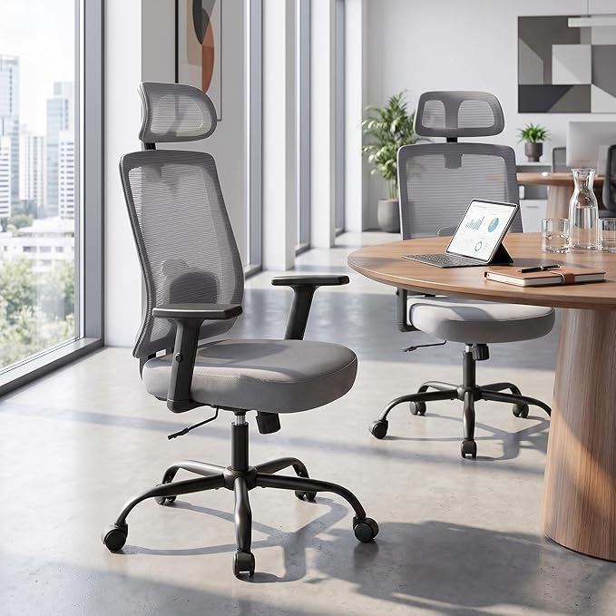 Ergonomic Office Chair, Swivel Mesh Office Chair with Headrest, Adjustable Desk Chair with Flip-Up Arms, Set of 2 Computer Chair for Home Office Work Study, Grey