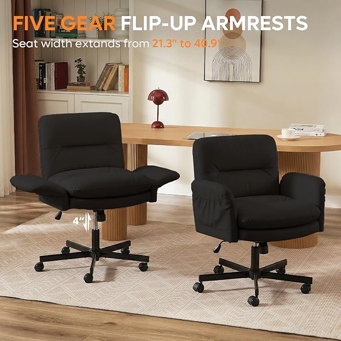 Bestier Criss Cross Office Chair with Flip-Up Armrests, Swivel Makeup Vanity Chair with Wheels & Side Pockets, Cross Legged Office Chair for Home Office, Bedroom, Black PU Leather