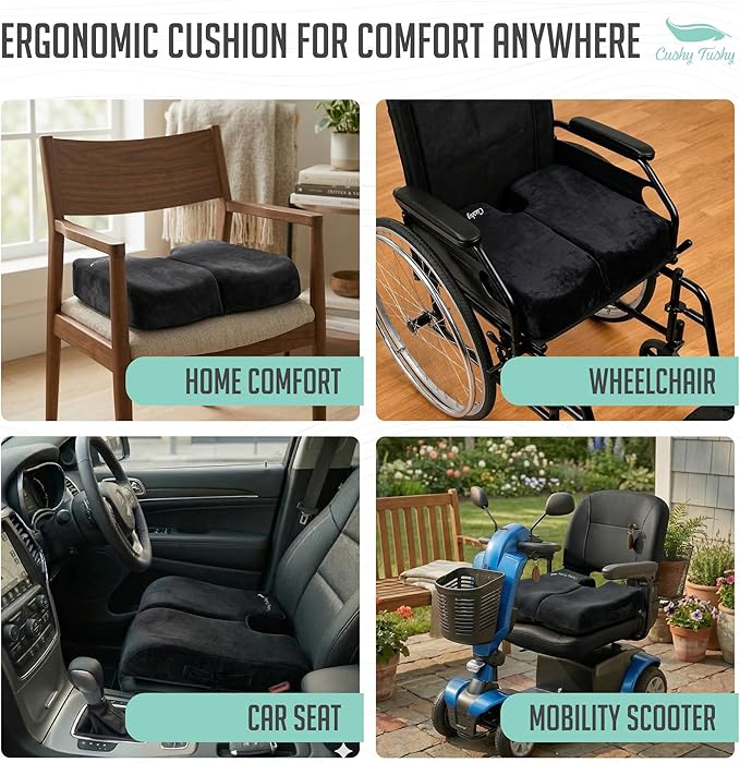 Cushy Tushy Premium Foldable Wheelchair Cushion - for Relief of Lower Back, Sciatic, Butt and Tailbone Pain - for Home & Office Use, Perfect for Travel or Driving - Black Coccyx Seat Cushion