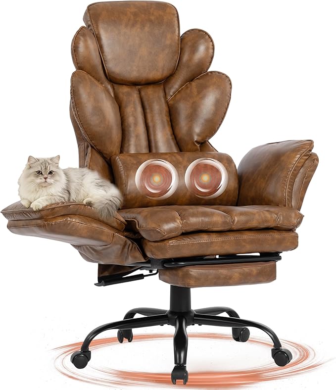Big and Tall Office Chair, Flip Armrests Criss Cross Office Chair, Reclining Desk Chair with Foot Rest, Adjustable Headrest, Massage Waist Pillow Cross Legged Wide Seat Vanity Chair, PU Leather Brown