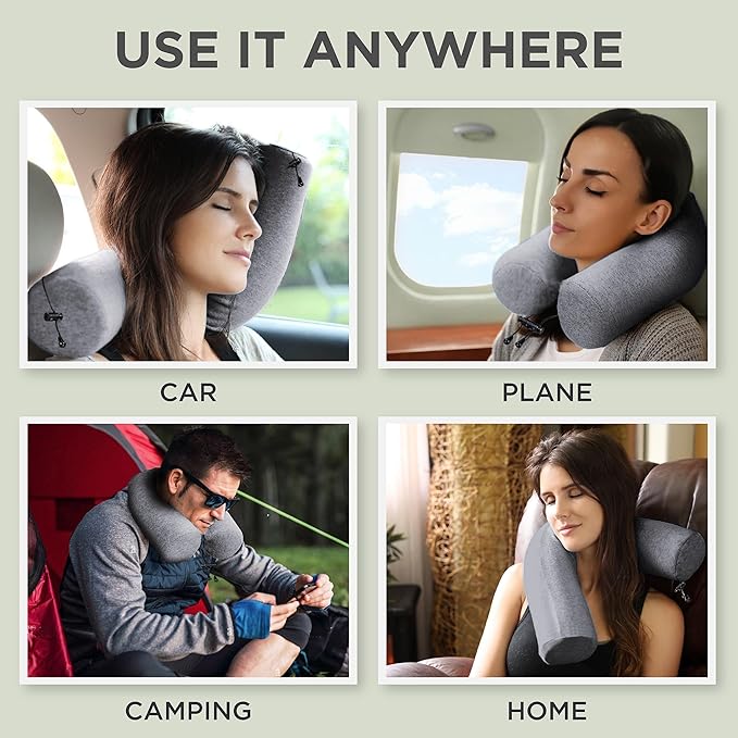 Dot&Dot Twist Memory Foam Travel Pillow for Airplanes - Travel Neck Pillow for Sleeping - Airplane Pillow for Neck Support, Chin, Lumbar and Leg - Adjustable, Bendable Neck Roll Pillow - Gray