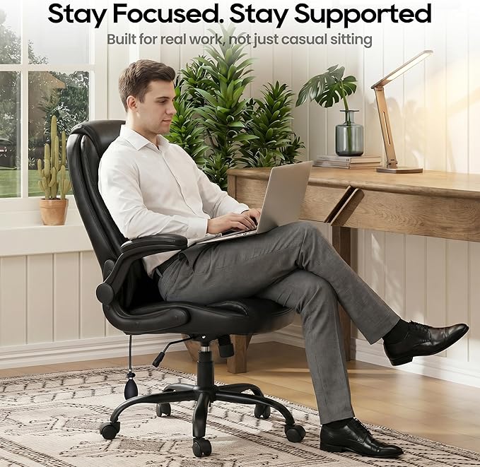 MALOL Leather Office Chair, Home Desk Chair with Adjustable Lumbar Support, Thick Cushion, Flip-Up Arms and Ergonomic Back, Comfy Executive Office Chair for Home Office, Black
