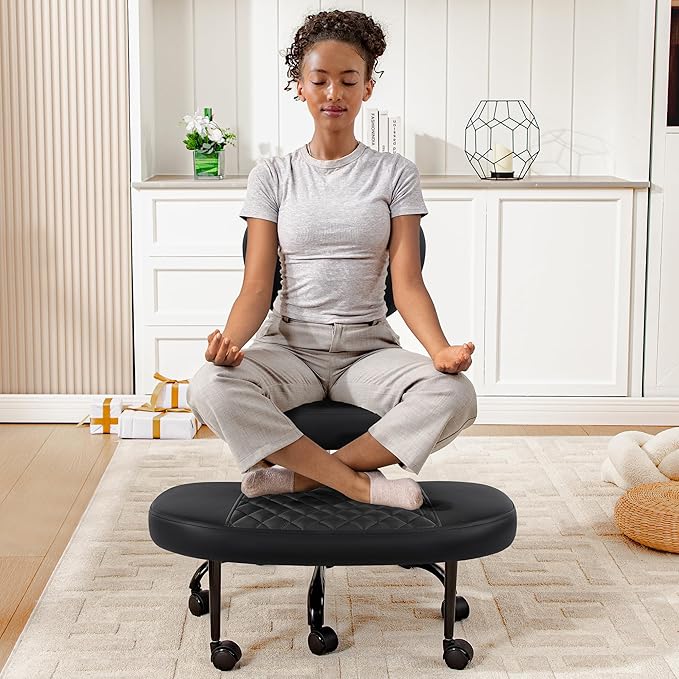 AtHope Ergonomic Cross Legged Office Chair with Wheels - Adjustable Height for Meditation, ADHD Desk & Yoga - Wide Criss Cross Design with Lumbar Support, Kneeling Chair - Upgraded Black