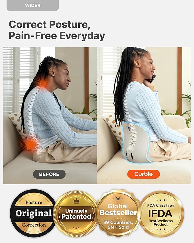Curble Wider(Standard Wide) – Ergonomic Lower Back Support, Lumbar Support Back Posture Corrector for Low Back Pain Relief, Perfect for Home Office Desk Chair, and Floor Seat, Patented (Black)