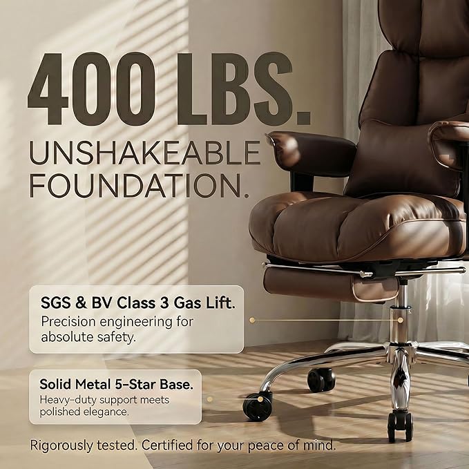 Efomao Big and Tall Office Chair 400lbs - Heavy Duty Reclining Desk Chair with Footrest, Spacious High Back PU Leather Executive Office Chair, Double-Layer Spring Support, Brown