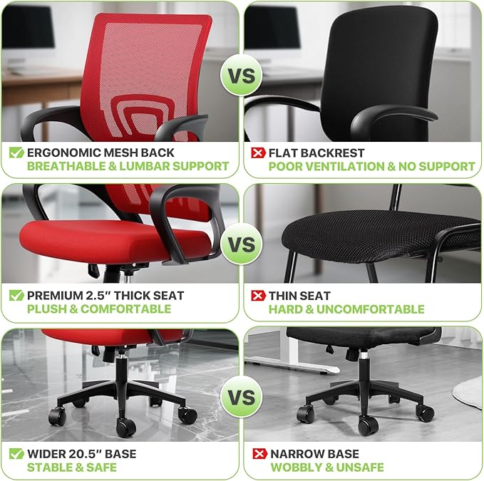 Magshion Ergonomic Office Chair 20 Pack, Mid-Back Mesh Desk Chair, Adjustable Swivel Computer Chair with Lumbar Support & Breathable Backrest for Gaming, Work, Study, 300 Lbs Capacity, Red