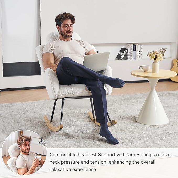FOXHUNTER Rocking Chair Nursery with Thick Headrest, Upholstered Reading Glider Rocker Accent Armchair with High Backrest Rocker Recliner Chair for Adult Living Room Bedroom, Teddy Ivory
