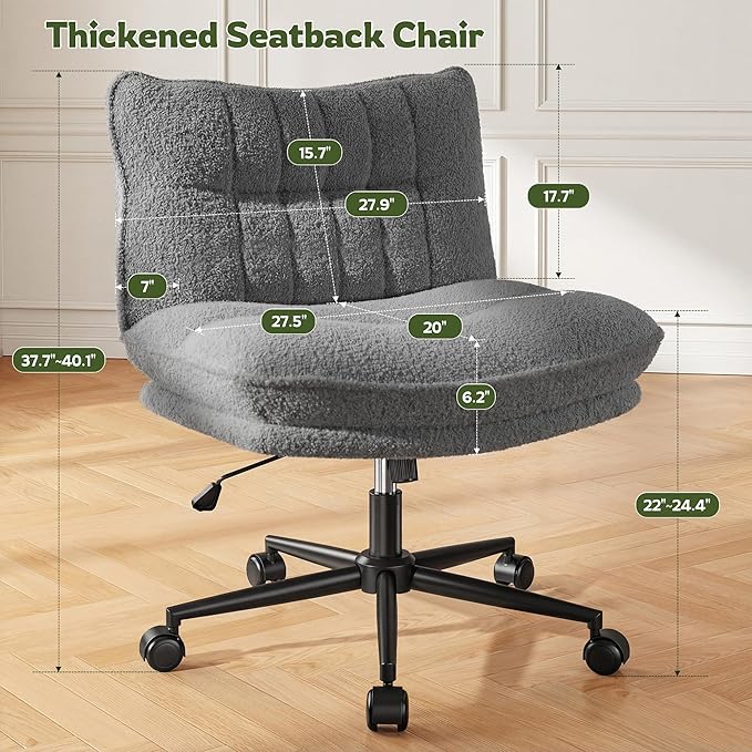 DurayLoly Criss Cross Chair with Wheels, Thick & Wide Cross Legged Office Chair with 95-120°Reclining Function, Armless Adjustable Swivel Task Chair for Bedroom, Home Office,Grey