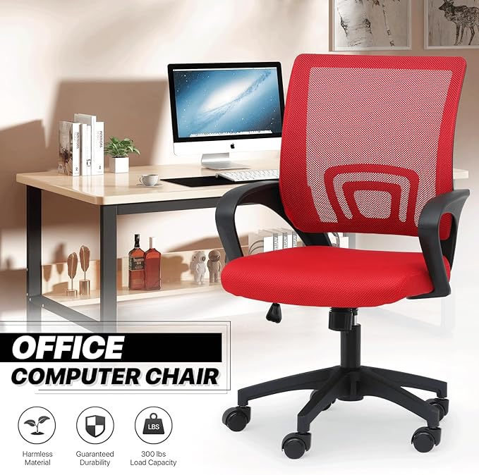 MoNiBloom Mesh Office Chair, Ergonomic Computer Chair for Adults, Rolling Swivel Mid-Back Desk Chair with Lumbar Support, Comfy Armrest for Home Office, Gaming, Red