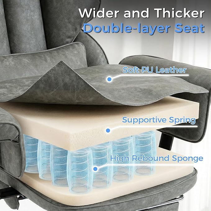 Big and Tall Massage Office Chair with Heat, Extra Wide Double-Layer Pocket Spring Cushion, High Back Reclining Gaming Chair with Adjustable Armrests & Footrest, Heavy Duty Ergonomic Chair, Gray