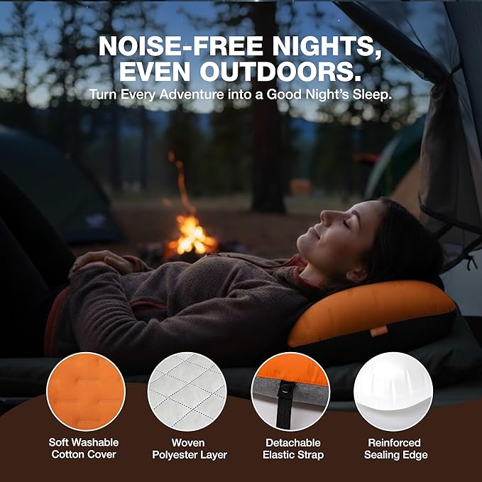 Inflatable Camping Pillow - Ultralight Compact Air Pillow for Travel, Backpacking & Hiking - Ergonomic Neck & Lumbar Support - Portable Inflatable Pillow with Removable Washable Cover -(Orange 2 Pack)