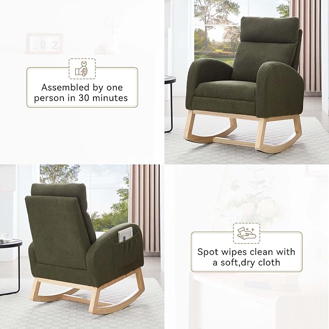 40" Teddy Nursing Rocking Chair, Nursery Chairs with Adjustable Foot Rest, High Backrest Upholstered Arm Chair with Side Pockets, Wood Rocking Chair for Living Room, Bedroom, Baby Room (Green)