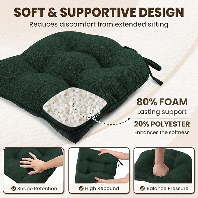 downluxe Indoor Chair Cushions for Dining Chairs, Tufted Overstuffed Textured Kitchen Chair Pads with Ties and Non-Slip Backing, 16.5" x 16.5" x 4", Dark Green, 4 Pack