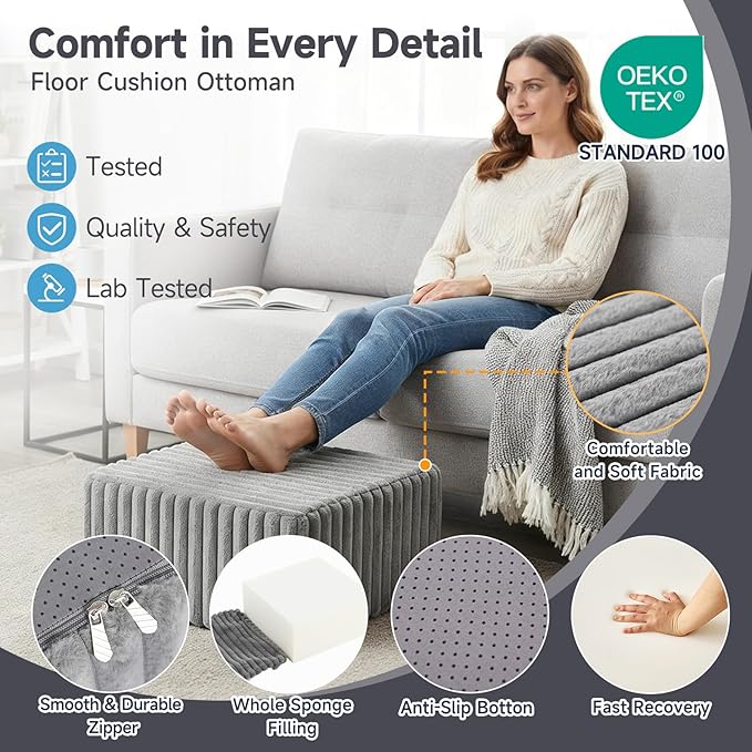 Tiita Suqre Stuffed Pouf Ottoman, Stripe Poufs 21×21×10 inch with Foam Chunk Filling, Floor Bean Bag Floor Chair Storage for Living Room Bedroom Home Decor, Grey