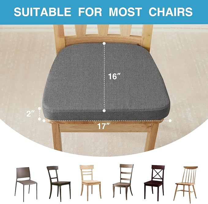 IASEAHK Chair Cushions for Dining Chairs Set of 6, Non Slip Kitchen Chair Pads, 17" x 16" x 2", Indoor Dining Chair Cushions with Ties, D-Shaped Seat Cushions for Kitchen Chairs, Dark Grey