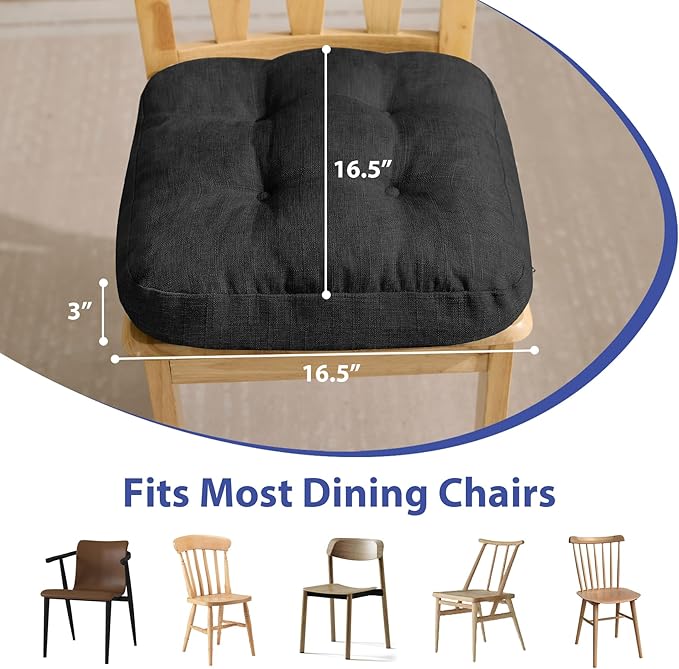 IASEAHK Chair Cushions, Foam Dining Chair Cushions, Tufted Indoor Chair Pads,16.5” x 16.5” x 3.5”, Set of 4, Black