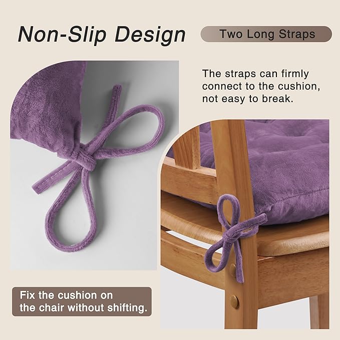 OVOV 2 Pack Chair Cushions for Dining Chairs Soft Seat Cushions for Kitchen Desk Chairs Square Chair Pads with Ties (15.5"x15.5" Purple)