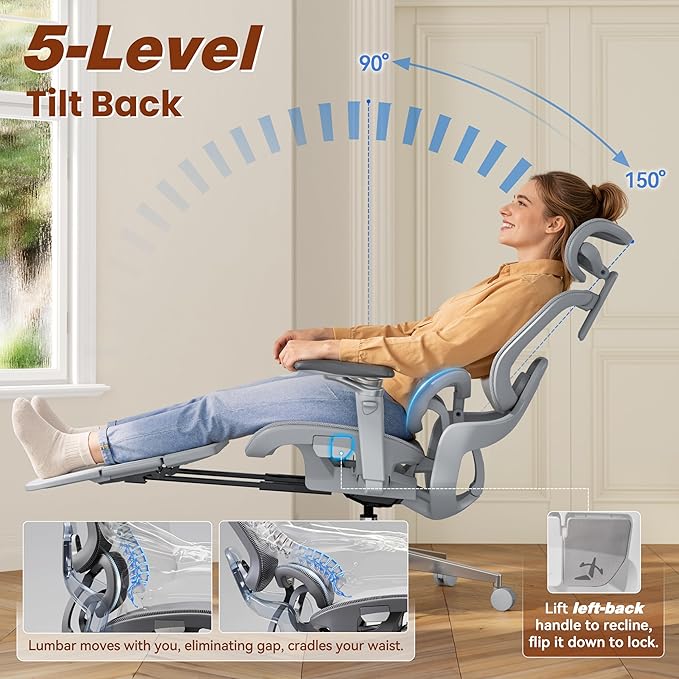 GABRYLLY Ergonomic Mesh Office Chair with Footrest - Big and Tall Desk Chair with 5-Level Adjustable Back Support, Comfy Sliding Seat, 3D Headrest, 4D Armrest, 150° Tilt Computer Executive Chair