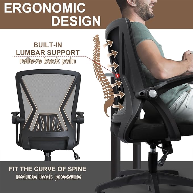 Mesh Ergonomic Office Computer Desk Chair Height Adjustable with Flip Up Armrest and Lumbar Support for Home