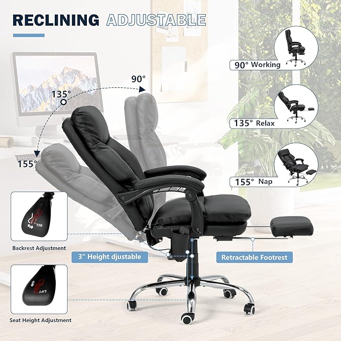 HOMREST Ergonomic Office Chair with 6-Point Massage & Heating,Adjustable Executive Desk Chairs,Retractable Footrest,Dual-Layer Soft Cushion,PU Leather Black