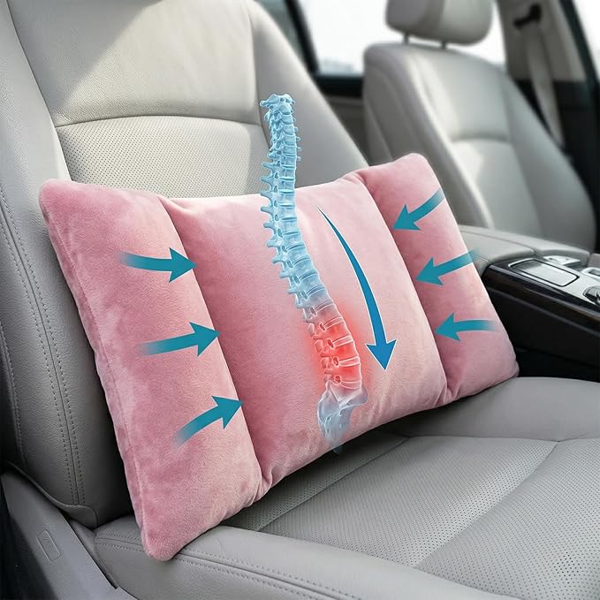 Sofa-Level Lumbar Support Pillow for Car Seat, Plush Velvet Back Cushion with 3-Zone Support, Soft & Supportive Lumbar Pillow for Driving, Office Chair, Home Decor (Pink)