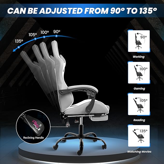 Gaming Chair, Ergonomic Computer Chair with Footrest and Lumbar Support, Height Adjustable Office Chair with 360° Swivel Seat and Headrest