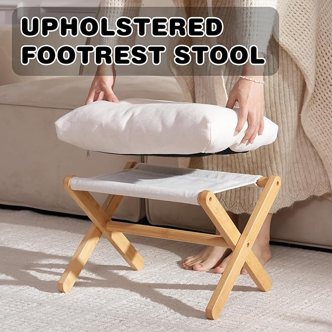 Baveke Ottoman Foot Rest- Bamboo Foldable Stool, Foot Stools Small Ottman with Upholstered & X Legs, Folding Shoe Bench, Bedroom and Living Room, Small Beige(FSC-Certified Bamboo)