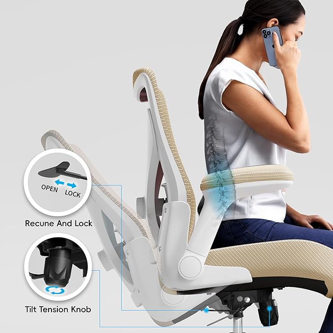 Ergalithic Office Home Ergonomic Desk Chair-Computer X-Shaped Chair Mesh PU Leather with Adjustable Lumbar Support-Executive Chair High Back Flip-Up Arms for Long Hours (Khaki-No Headrest)
