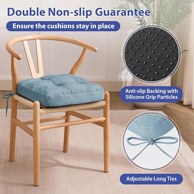 IASEAHK Chair Cushions for Dining Chairs, Dining Chair Cushions, Tufted Indoor Chair Pads with Ties & Non Slip Backing, Seat Cushions for Kitchen Chairs 16.5” x 16.5” x 3.5”, Set of 4, Light Blue