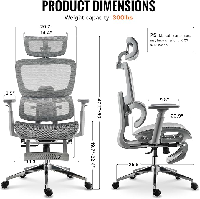 Ergonomic Office Chair, Home Mesh Desk Computer Chair, Comfortable Gaming Chair with Footrest, Wheels, Adjustable 2D Headrest, Lumbar Support, High Back and 3D Armrest, Grey