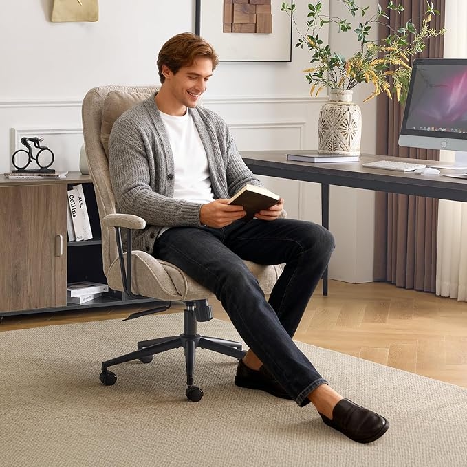VINGLI Chenille Executive Ergonomic Fabric Office Chair with 100-130° Recline, High-Back Desk Chair with Adjustable Base & Padded Back & Wheels, Comfy Chair for Gaming,Computer,Home Office,Light Khaki