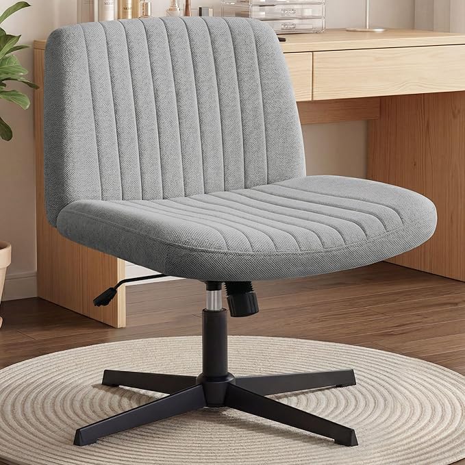 Orange Factory Criss Cross Chair No Wheel Wide Cross Legged Office Desk Vanity Chair Comfy Fabric Armless Adjustable Swivel for Home Computer Task (Grey No Wheel, Classic Fabric)