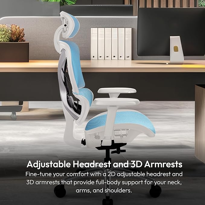 ThunderX3 XTC Ergonomic Office Chair, for Adults Gaming Chair, High Back Desk Chair, Synchronous Tilt, Self-Adjusting Lumbar Support and Backrest, Adjustable Headrest, Chroma Mesh, White Blue