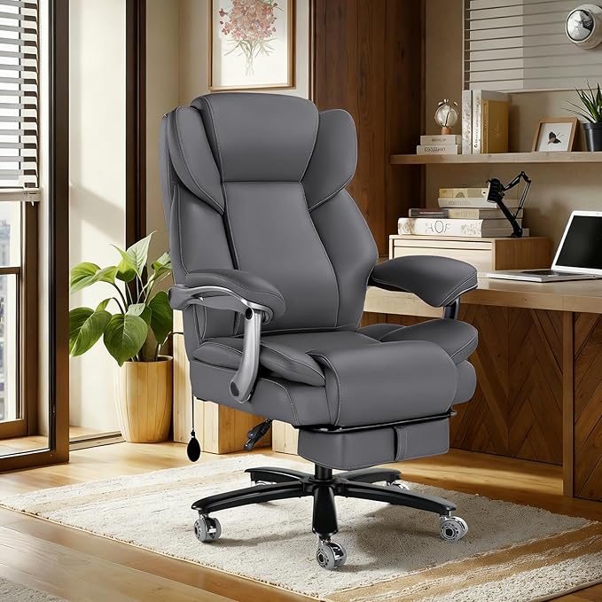 WAILOR 600lbs Big and Tall Office Chair for Heavy People,Heavy Duty Comfy Executive Office Desk Chair with Adjustable Lumbar Support,High Back Reclining PU Leather Computer Chair (Classic, Grey)