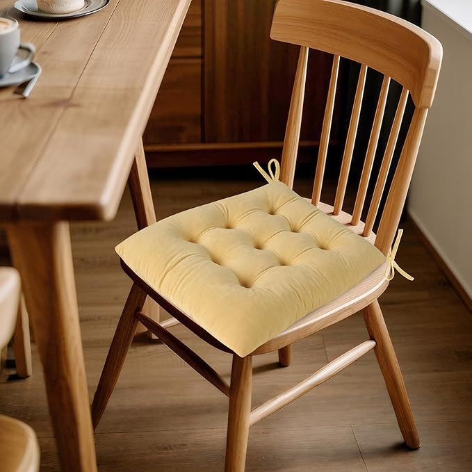 ELFJOY 4 Pack Chair Cushions for Dining Chairs Indoor Kitchen Seat Cushions with Ties Tufted Square Seat Pas for Kitchen Dining Office Room (16" Cream Yellow Velvet)