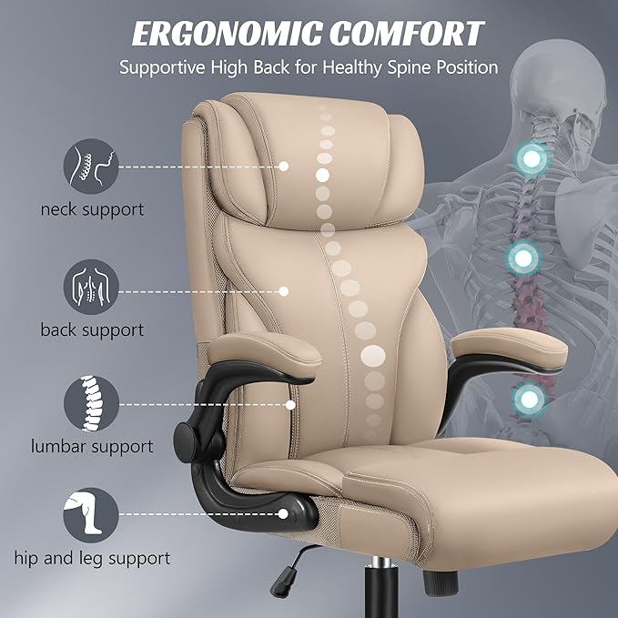 HeroSet Office Chair, Ergonomic Big and Tall Computer Desk Chairs, Executive Breathable Leather Chair with Adjustable High Back Flip-up Armrests, Lumbar Support Swivel PC Chairs with Rocking Function