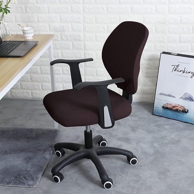FORCHEER Desk Chair Back and Seat Cover 2 Pieces Brown Jacquard Stretch Split Office Chair Covers Water Resistant Washable