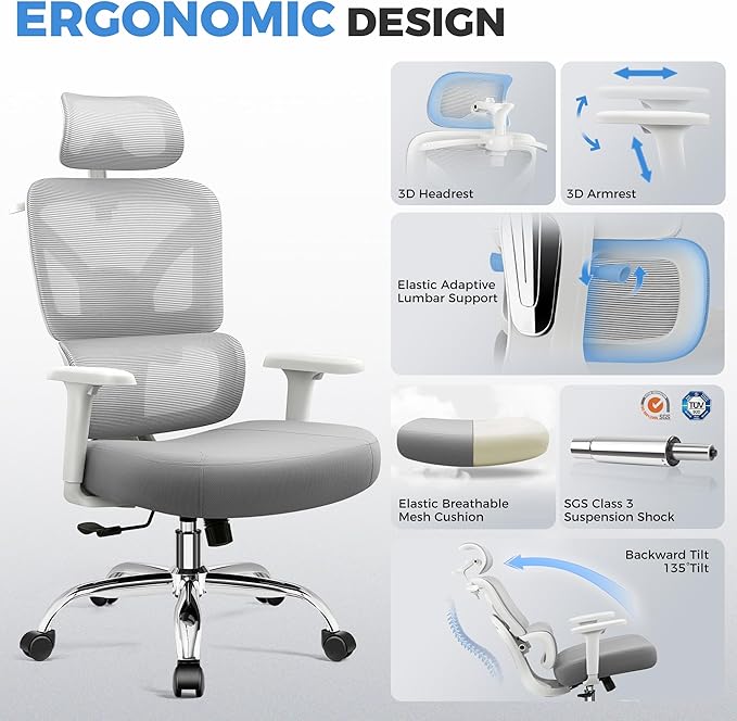 Office Chair, Ergonomic Office Desk Chair with Lumbar Support, Breathable Mesh Back & Thick Seat Cushion, High Back Office Desk Chairs Comfy for Home Office, 300Lbs, Gray