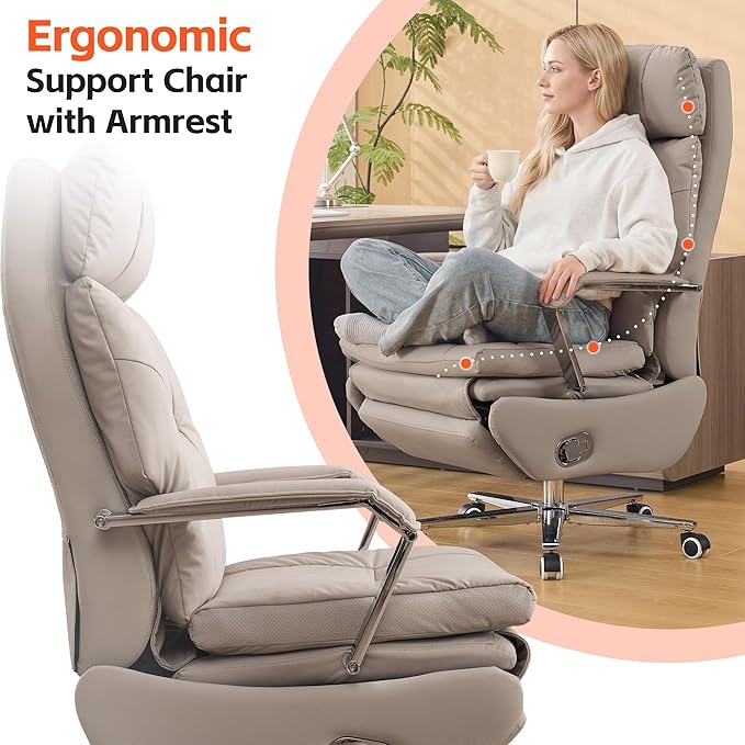 Big and Tall Executive Office Chairs with Footrest, Ergonomic 360° Swivel Desk Chair High Back Recliner, Manual 150° Reclining Computer Gaming Chair with Wheels for Home Office Faux Leather, Khaki