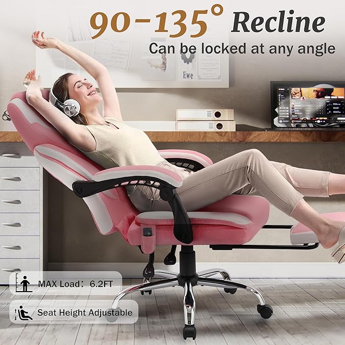 Massage Office Chair with Foot Rest,6-Point Vibration & Heat Reclining Computer Chair,Big and Tall Fabric Office Chair for Heavy People,Ergonomic Executive Desk Chair,High Back,PinkWhite